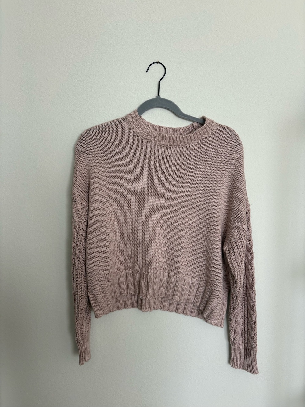 Harper Cable-Sleeve Crewneck Sweater — Blush